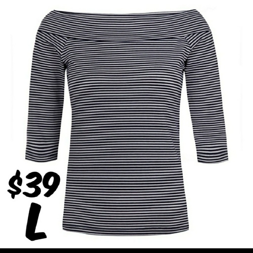 Lindy Bop Size L back and white stripe 50s pinup boatneck / shoulder top